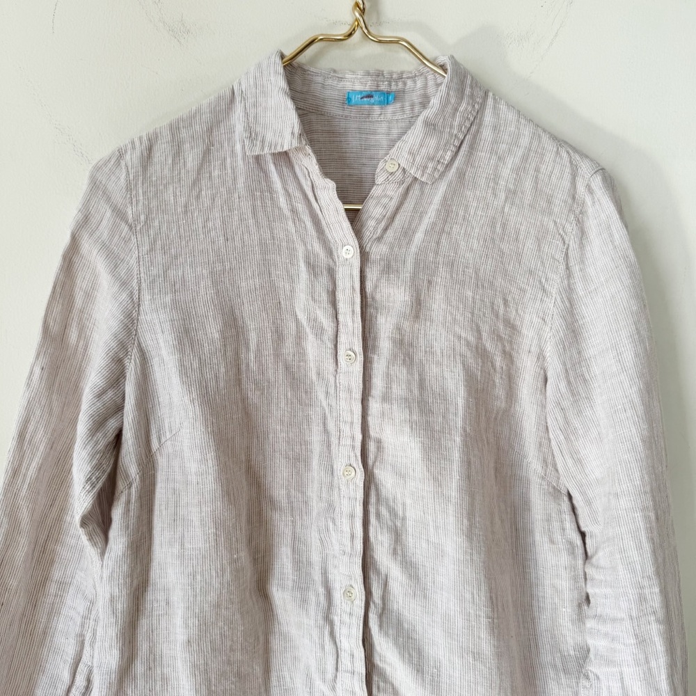 J. McLaughlin Tan and White Striped Britt Linen Button Down Shirt S - Picture 6 of 9